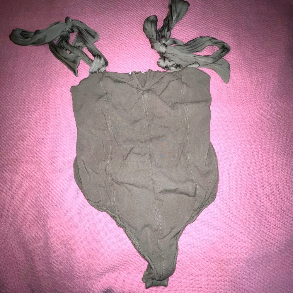 Intimately Free People Tie Shoulder Bodice Bodysuit Olive Green Small